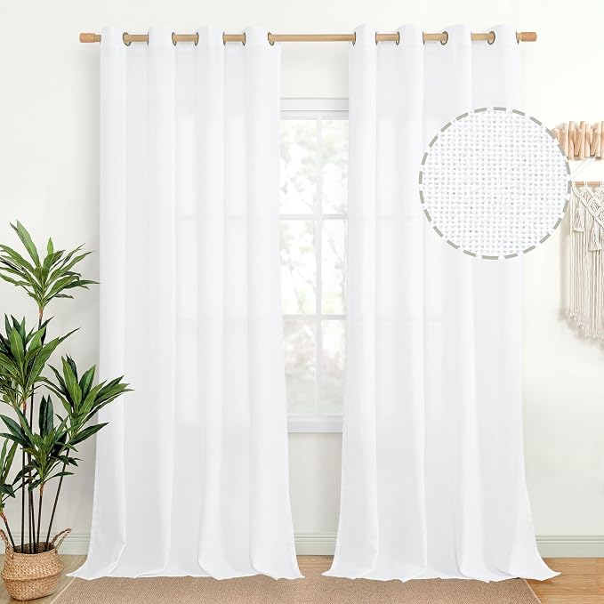 YoungsTex White Linen Curtains 102 Inches Long for Living Room Light Filtering Floor Length Drapes with Bronze Grommet for Bedroom Dining Room Country, 52 x 102 Inch, 2 Panels