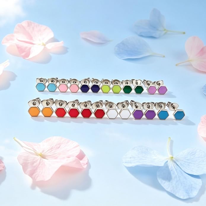 JMLOON 12 Pairs Enamel Flat Back Stud Earrings Surgical Stainless Steel Round Heart Star Square Hexagon Screw Back Stud Earrings
