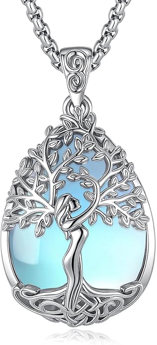 EUDORA Tree of Life Necklace with Moonstone Amethyst Obsidian Turquoise Healing Crystal for Women, Silver Plated Copper Mother Tree of Life Pendant Amulet Energy Jewelry, Gift for Women Mom, 20"+2"