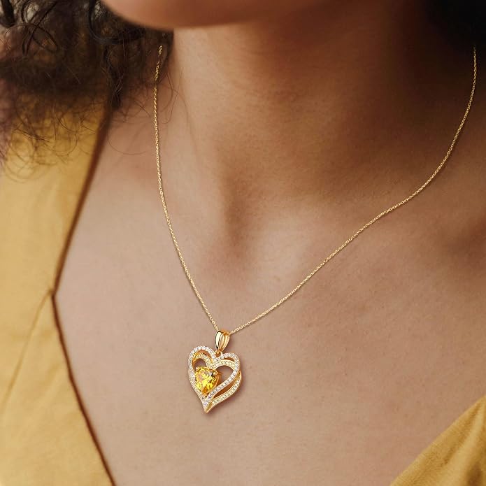 Anniversary Charm Necklace, Sterling Silver 14K Gold Plated Chain with Interlocking Heart Pendant Elegant Birthstone Necklaces for Women, Length 18"
