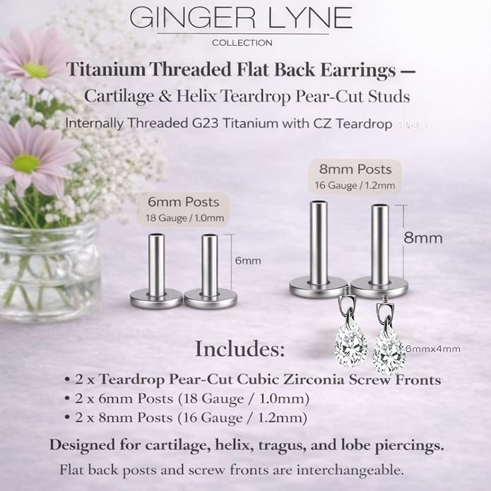 Titanium Pear Cut Labret Stud Dangle Earrings for Piercings by Ginger Lyne Teardrop Cz 6Pc Set G23 Screw Front Flat Back Body Jewelry 2 pair post 6mm, 8mm Cartilage, Helix, Tragus, Lip, Conch, Lobe