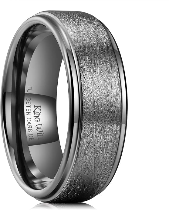 King Will Classic Tungsten Carbide Ring Brushed Two Grooved Center Hammered Design Mens Wedding Band for Men