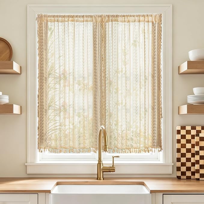 Sutuo Home Beige Boho Kitchen Curtains 54 inches long, Cottagecore Sheer Lace Curtains for Nursery Privacy Crochet Light Filtering Vintage Chic Tassels Bohemian Window Drape Rod Pocket, 2 Panels 50" W