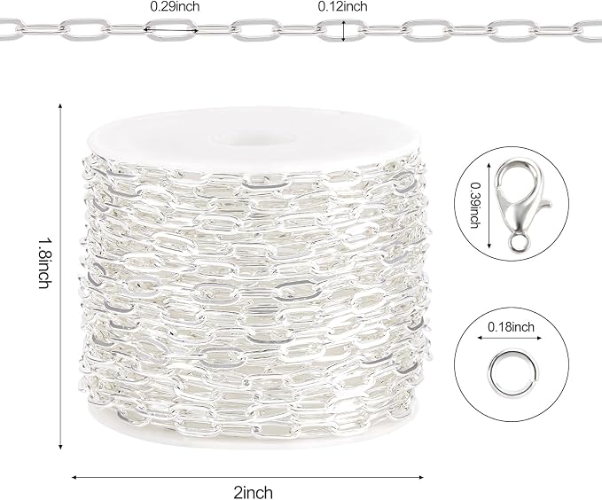 Kyutong 16.4FT/5M Thin Paperclip Chains for Jewelry Making Stainless Steel Necklace Making Supplies Silver Plated Craft Chain Link with Lobster Claw Clasps Jump Rings