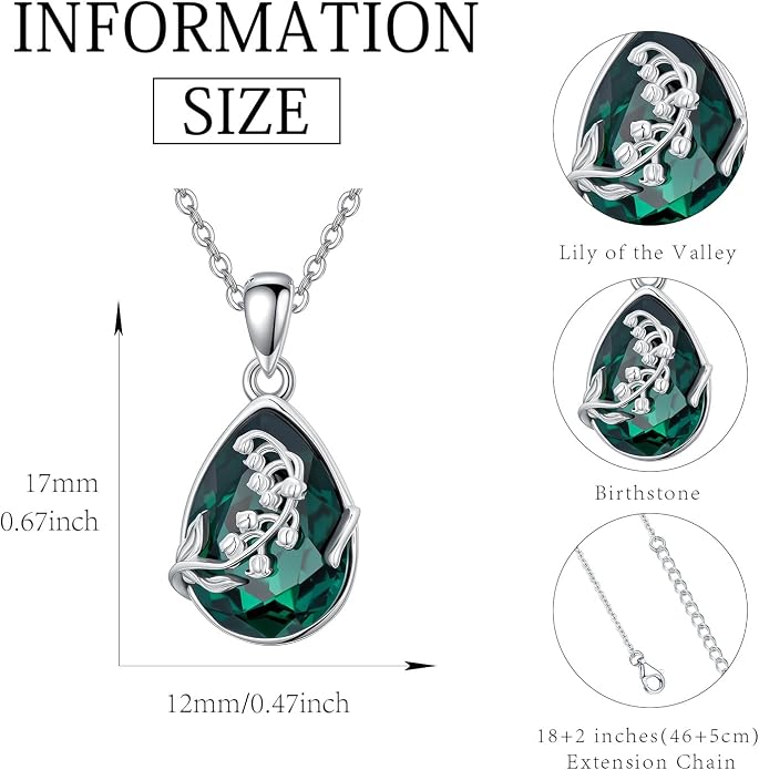925 Sterling Silver Birth Flower Necklace with Teardrop Shaped Birthstone - 12 Colors, 12 Kinds of Flower - Ideal Birthday Jewelry Gift for Women, Mothers, Daughters & Wives