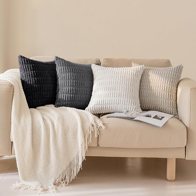 Softalker Throw Pillow Covers 16x16 Inch, Set of 4, Corduroy Soft Striped Farmhouse Boho Pillow Cover, Modern Decorative Cushion Pillow Case for Couch Sofa Bedroom Living Room, Grey/Black