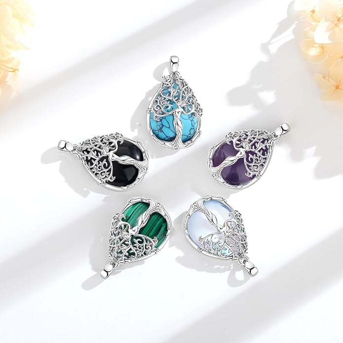 AEONSLOVE Tree of Life Necklace with Crystal for Women, Amethyst/Obsidian/Turquoise/Moonstone/Malachite Crystal Pendant Necklaces for Ladies