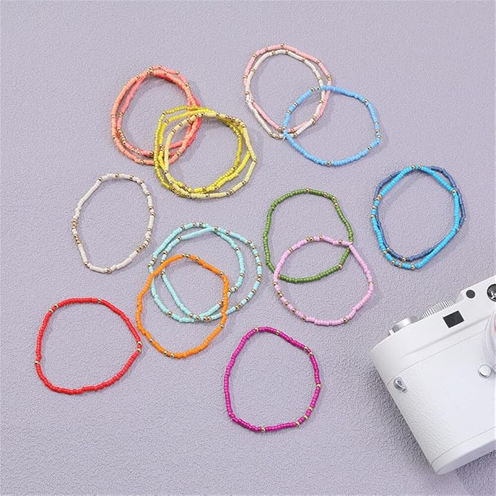 Fuqimanman2020 18Pcs Boho Stackable Beaded Bracelets for Women Colorful Handmade Multilayered Rice Beads Anklets Set Summer Beach Bohemian Jewelry Gift