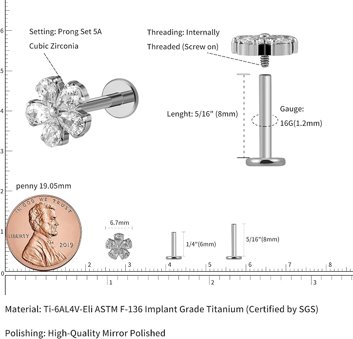 FINE4U 1PC ASTM F136 Titanium 16G Flatback Stud for Tragus, Helix, Conch 6mm 8mm - Screw on Cartilage Earring Piercing Jewelry