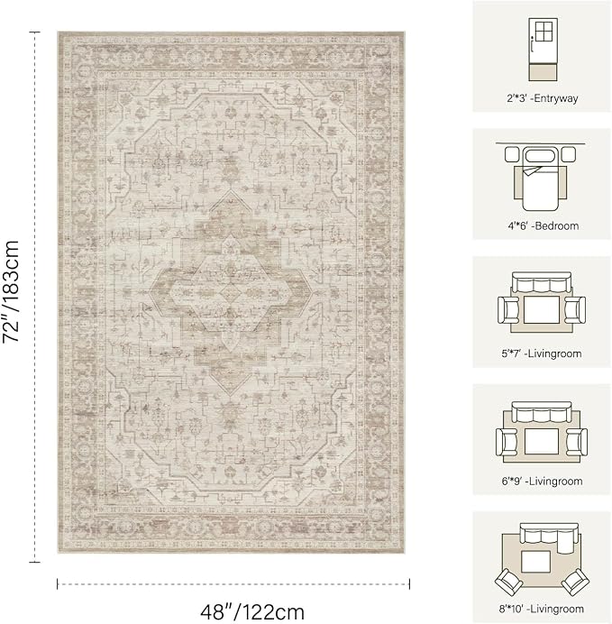 Rugxara Washable Area Rug for Living Room, Vintage Neutral Boho Rugs for Office, Dining Room, Kids Room, Farmhouse, Durable Low Pile Non Slip Carpet for High Traffic Areas, Cream(4x6ft)