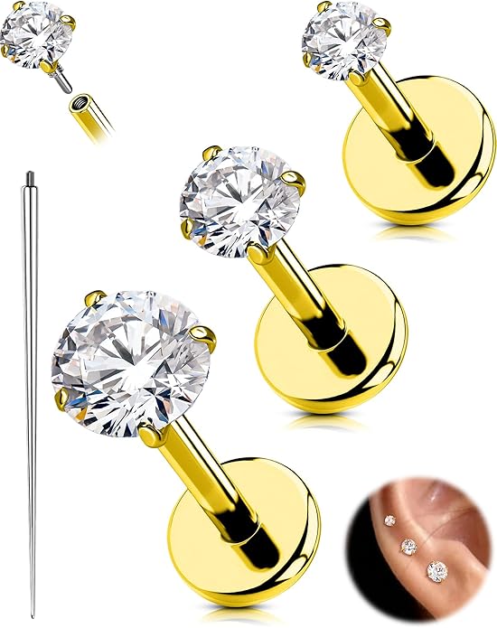 OUFER 18G 6/7/8MM Flat Back Cartilage EarRings-3PCS Gold Titanium Extended Internally Threaded Lip Piercing 2/3/4MM Round Clear CZ Helix Piercing Jewelry