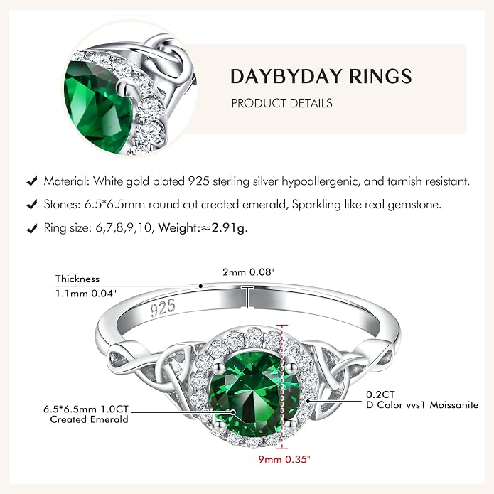 DAYBYDAY Celtic Birthstone Rings for Women 925 Sterling Silver Heart/Round/Pear/Oval Created Gemstone Moissanite Halo Engagement Promise Rings for Her Wife Birthday Anniversary Wedding Jewelry