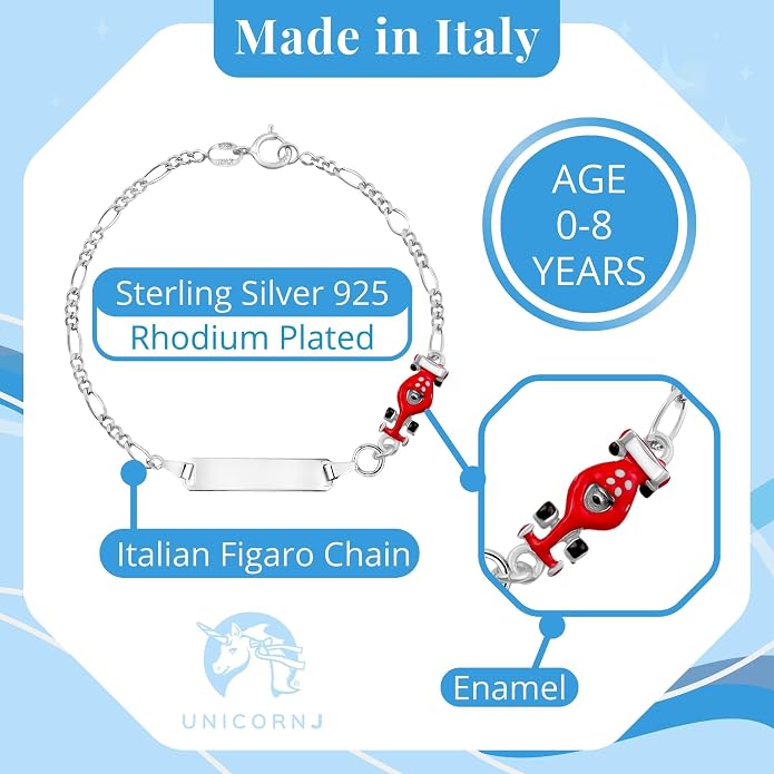 UNICORNJ 925 Italy Sterling Silver Child or Baby Name Bracelet Girls Boys, Personalized Engraved Kids ID Bracelets, 6.5" Figaro Chain, Enamel Charm Newborn Infant Toddler Kid Jewelry