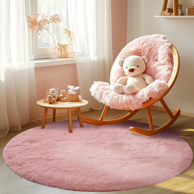 Blush Round 4x4ft Fluffy Rug: Ultra Soft Furry Girls Bedroom Carpet- Circle Plush Shag Nursery Rug for Girls Room & Kids Room- Blush Plush Area Rugs for Bedroom, Living Room, Home Decor