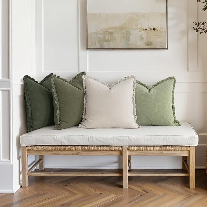 MIULEE Fall Linen Fringe Pillow Covers Set of 4 18x18 Beige/Sage Green | Boho Farmhouse Decorative Throw Pillow Covers, Neutral Soft Rustic Cushion Cases, for Couch Sofa Bed Living Room Home Decor