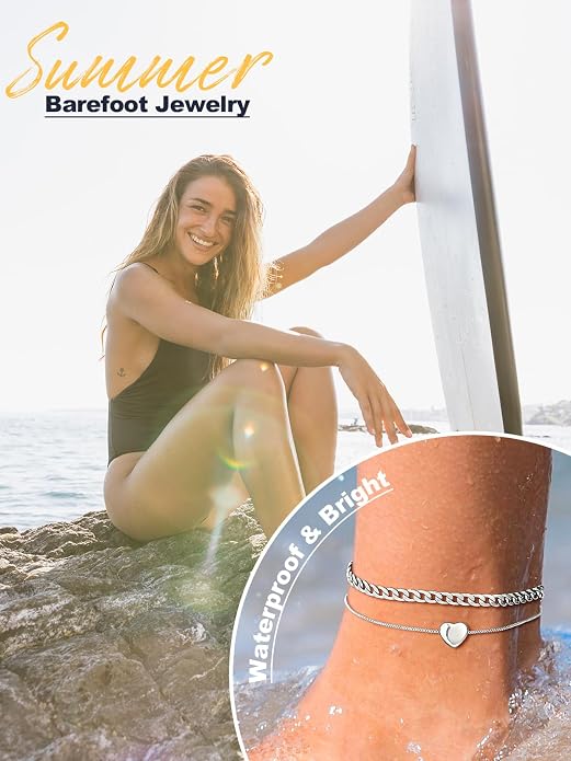 U7 2Pcs/3Pcs Ankle Bracelets for Women, Stainless Steel Cuban Link/Figaro/Rope/Heart Chain Anklets Sets,Waterproof Layered Anklets Adjustable 8.5"-10.5"