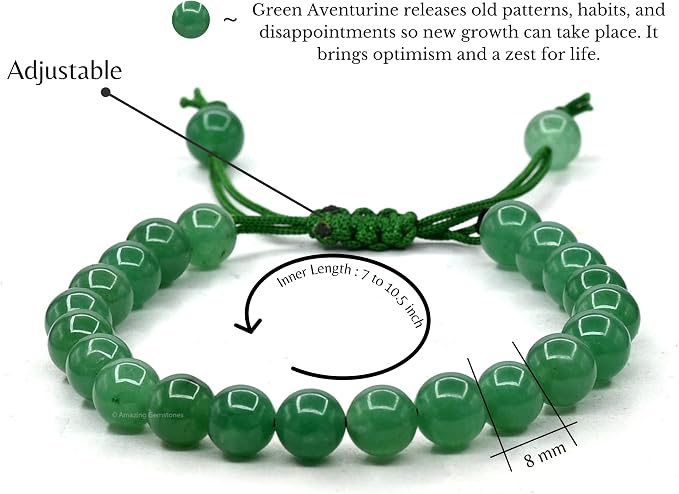 Amazing Gemstone Green Aventurine Bracelet, Gifts for Men & Women - Protection Healing Crystal Bracelet - 8mm Gemstone Beaded Adjustable Bracelet, Pulseras para Hombres Mujer Stocking Stuffers