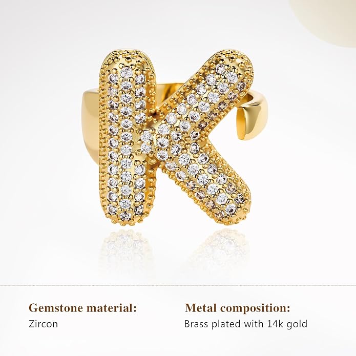 Cicy Bell Initial Rings for Women 14k Gold Plated Cubic Zirconia Delicate Letter Chunky Statement Open Rings Gifts for Her