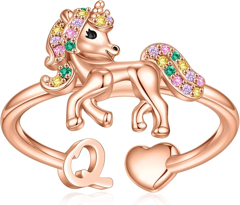 Unicorn Initial Rings for Teen Girls, Rose Gold/White Gold Plated Heart Initial Rings for Girls Adjustable Stackable Rings for Women Diny Heart Ring for Teen Girls Gifts Unicorns Gifts for Girls