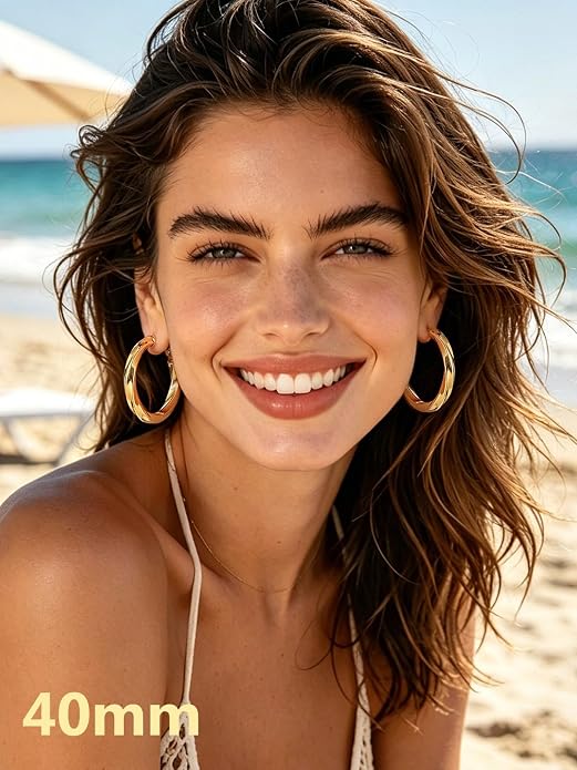 Bestyle 5mm Thick Gold Hoop Earrings Hypoallergenic Hoops for Sensitive Ears Trendy Lightweight Chunky Earrings for Women 30/40/60/80mm