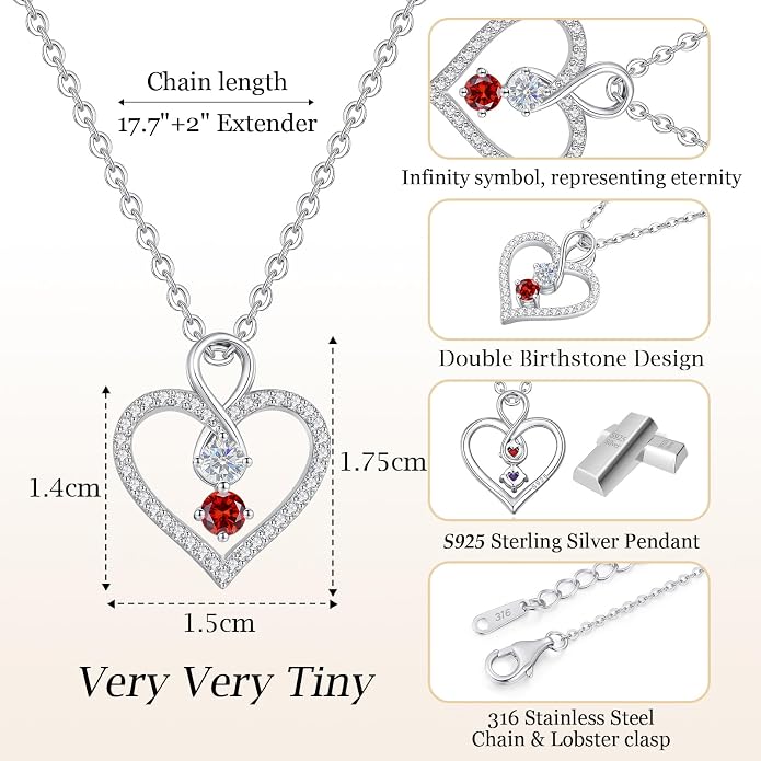 LOUISA SECRET Double Birthstone Necklaces for Women, 925 Sterling Silver Infinity Love Heart Pendant Necklace for Her, Birthday Anniversary Valentine's Day, Christmas, Wedding, Graduation Gift for Her, Personalized Gifts, Jewelry Gifts for Wife Mom Gir...