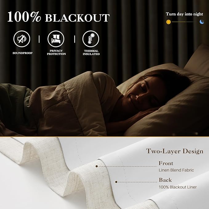 IVAPUPU Pinch Pleated Linen Blackout Curtains for Bedroom, Natural Full Black Out Curtains 84 Inches Long for Living Room Darkening Thermal Insulated Neutral Pleat Drapes with 16 Hooks, 2 Panels