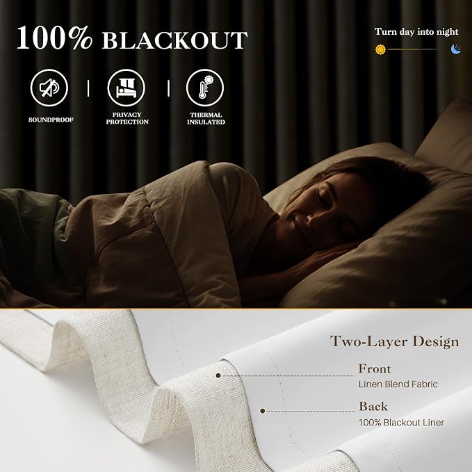 IVAPUPU Natural Pinch Pleated 100% Blackout Linen Curtains 90 Inch Length for Bedroom, Black Out Pinch Pleat Curtains for Living Dining Room Darkening Thermal Insulated Drapes with 16 Hooks, 2 Panels