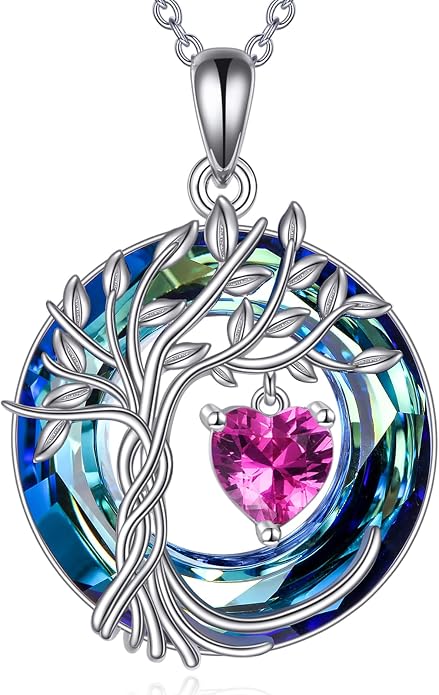 POPLYKE Mothers Day Gifts for Mom Her Wife Tree of Life Necklace 925 Sterling Silver Birthstone Pendant with Crystal Anniversary Birthday Wedding Jewelry for Women