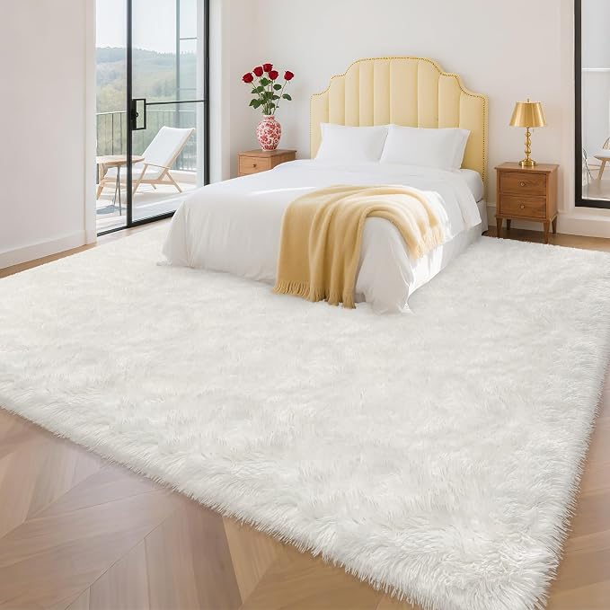 8x10 Area Rug for Living Room, Soft White Fluffy Rug for Bedroom Large Shaggy Carpet Fuzzy Modern Floor Decor Aesthetic, Nursery Playroom Plush Non-Slip Thick Rugs for Kids Girls Boys