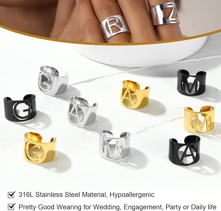 KeyStyle Bold Initial Letter Rings Adjustable, GoldChic Jewelry Women Gold Statement Ring Personalized Engraved Women’s Open Signet Ring for Party (Gold, White Gold, Black)