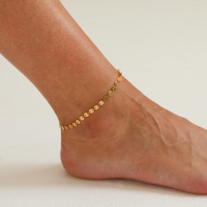 Dainty Ankle Bracelets for Women 18K Gold Plated Satellite Beaded Herringbone Lip Chain Anklets Simple Minimalist Summer Beach Foot Jewelry Christmas Gifts
