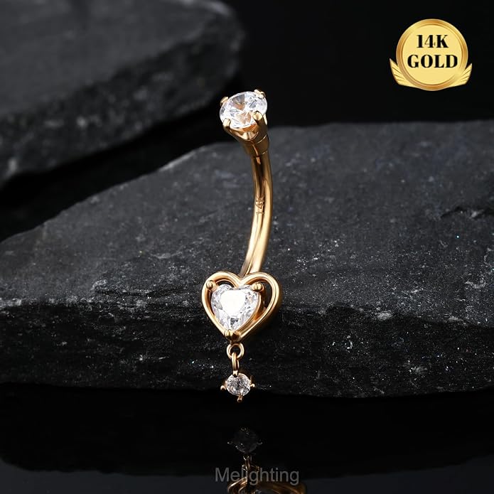 Melighting 14K Solid Gold Belly Button Ring Heart Belly Ring Gold Dangle Belly Piercing Jewelry 14G Navel Ring for Women