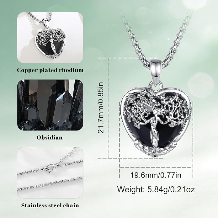 AEONSLOVE Tree of Life Necklace with Crystal for Women, Amethyst/Obsidian/Turquoise/Moonstone/Malachite Crystal Pendant Necklaces for Ladies