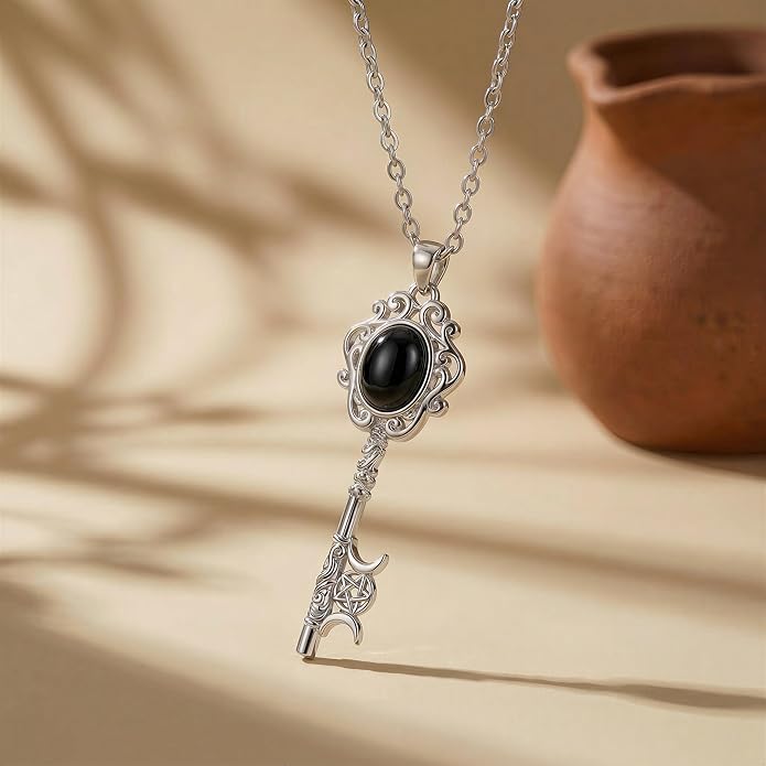 Natural Moonstone Crystal Key Necklace for Women, Retro Triple Moon Key Healing Crystal Wiccan Pagan Jewelry Gift