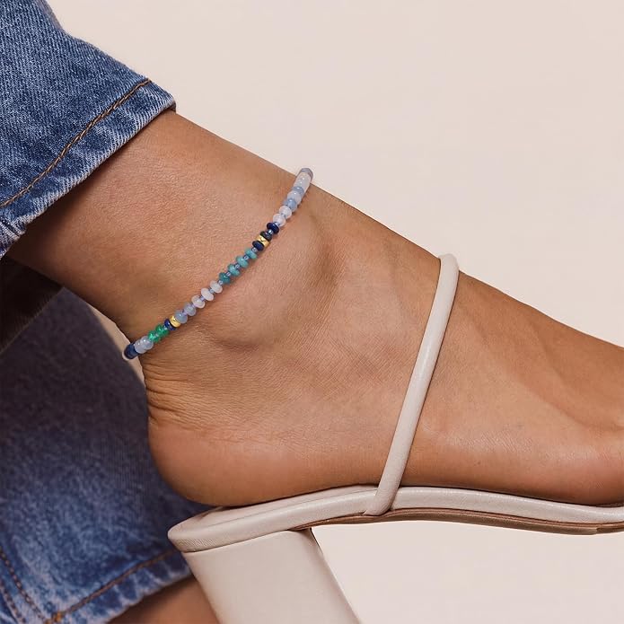 KissYan Beaded Ankle Bracelet for Women, Colorful Natural Gemstone Anklet, Waterproof Handmade Beach Summer Jewelry Gifts
