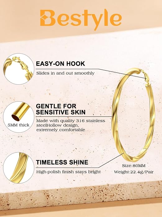 Bestyle 5mm Thick Gold Hoop Earrings Hypoallergenic Hoops for Sensitive Ears Trendy Lightweight Chunky Earrings for Women 30/40/60/80mm