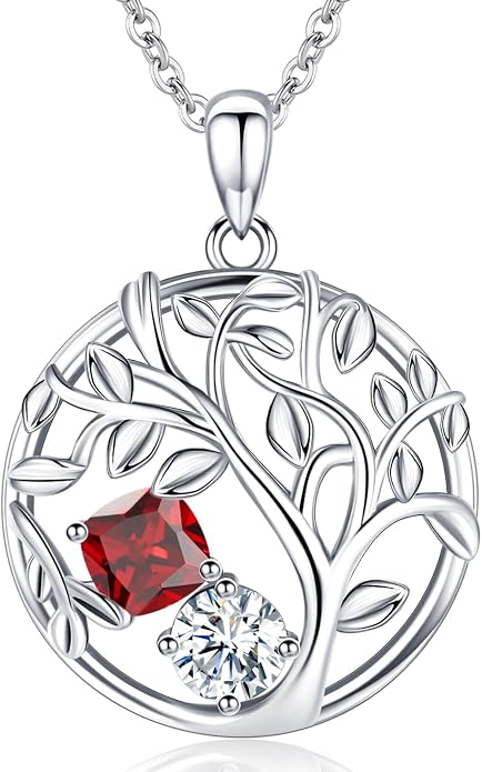 Tree of Life Birthstone Necklace for Women 925 Sterling Silver Birthstone Pendant 12 Months Necklaces with Zircon Birthday Gifts for Women, Mom, Grandma Cable Chain 18"+2"
