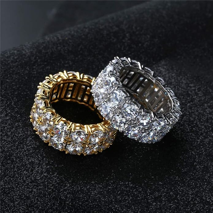 TOPGRILLZ 2-Row Cubic Zirconia Band Ring for Men & Women, 14K Gold Plated Brass, 9 mm Wide Iced-Out Eternity, Sizes 6-12, Golden or Silvery