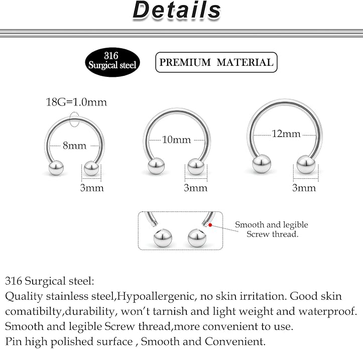 20G-00G Septum Rings Ear Gauges Earrings Stretching Kit 316L Surgical Steel Horseshoe Septum Pa Piercing Jewelry for Women 10mm 12mm 14mm 16mm