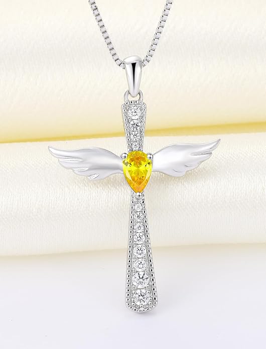 YL Cross Necklace 925 Sterling Silver Angel Wings Pendant Teardrop Birthstone Criss Jewelry for Women