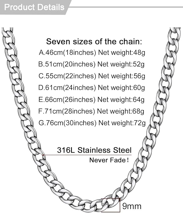 U7 Cuban Link Chain for Men Women Stainless Steel Curb Necklace, 7/9/12/15 MM Chunky Chain Silver/Gold/Black Mens Hip Hop Jewelry 18''-30''