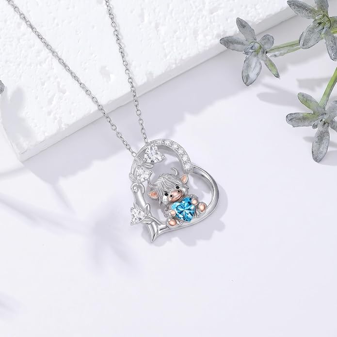 PELOVNY Teddy Bear Necklace for Women 925 Sterling Silver Bear/Highland Cow/Fox/Cat/Axolotl Birthstone Necklace Christmas Birthday Jewelry Gifts for Mom Daughter Wife Sister