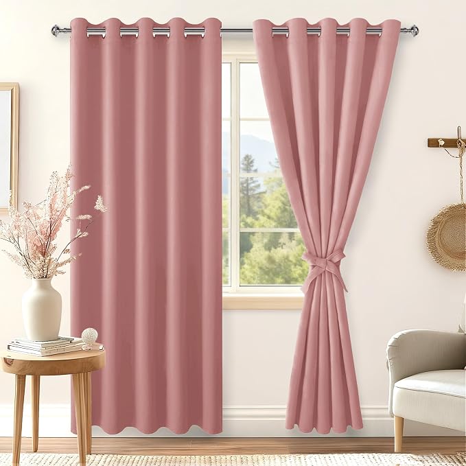Hiasan Blackout Curtains for Bedroom, 60 x 84 Inches Long - Thermal Insulated & Energy Saving Window Curtains for Living Room, 2 Drape Panels Sewn with Tiebacks, Dusty Rose