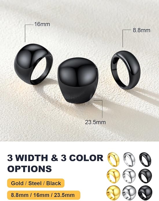 U7 Chunky Gold Dome Rings for Women, Stainless Steel/18KGold Plated/Black Statement Ring Non Tarnish Women Rings, Size 7-12