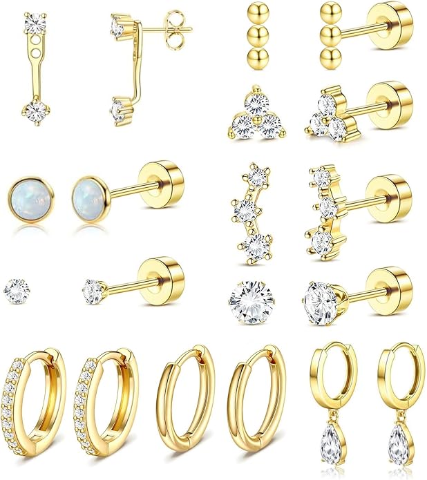 Stainless Steel Stud Earrings Set for Women Hypoallergenic Flat Back Cartilage Earrings Screw Back Huggie Hoop Earrings Multiple Piercing Cubic Zirconia Helix Tragus Jewelry