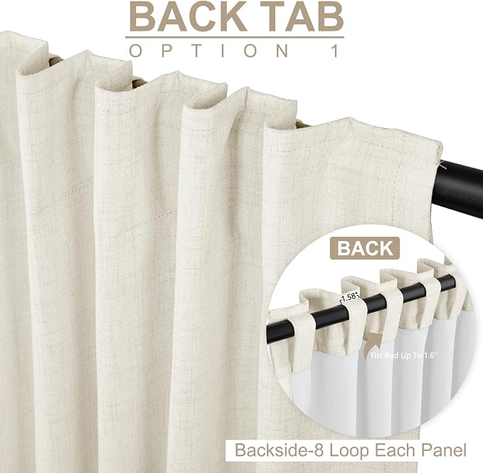 100% Blackout Shield Linen Blackout Curtains for Bedroom 108 Inches Long, Back Tab/Rod Pocket Living Room Drapes, Thermal Insulated Blackout Curtains 2 Panels Set, 50" W x 108" L, Beige White