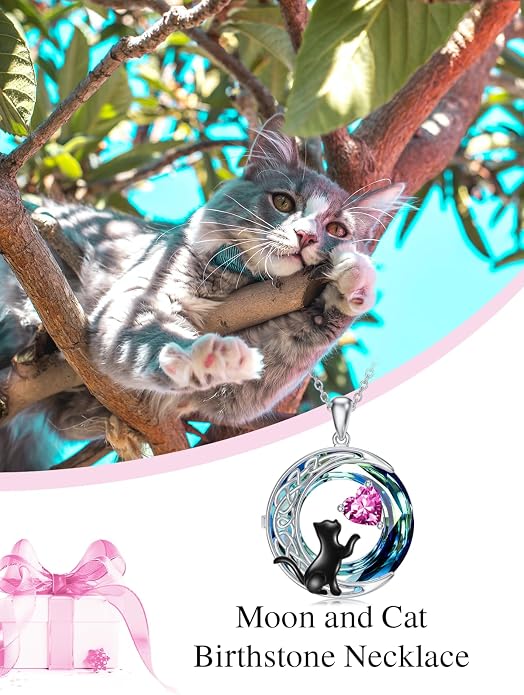 TOUPOP Cat Gifts for Cats Lovers 925 Sterling Silver Black Cat Necklace Celtic Moon Birthstone Jewelry for Women Anniversary Birthday Gift for Her Wife Mom
