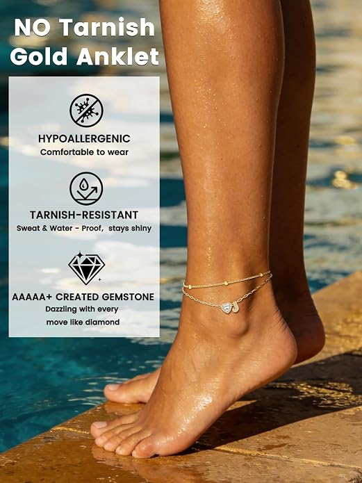 Bestyle Initial Anklet Bracelets for Women Waterproof Non Tarnish 14K Gold/White Gold Plated CZ Anklets for Women Dainty Layered Letter Heart Ankle Bracelets Adjustable Foot Chain Anklet