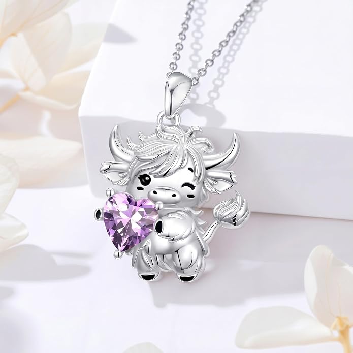 PELOVNY Teddy Bear Necklace for Women 925 Sterling Silver Bear/Highland Cow/Fox/Cat/Axolotl Birthstone Necklace Christmas Birthday Jewelry Gifts for Mom Daughter Wife Sister