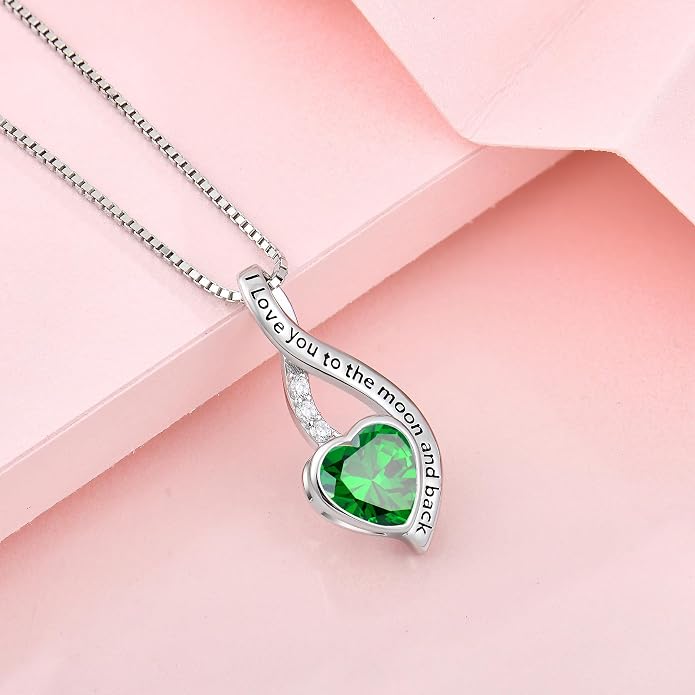 I Love You to The Moon and Back Necklace for Women, 925 Sterling Silver Heart Birthstone Pendant Necklace Jewelry Anniversary Birthday Gifts for Girls Women Wife Mom Daughter
